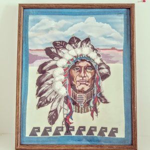 Vintage Wood Framed Native American Indian Chief Needlepoint Petitpoint